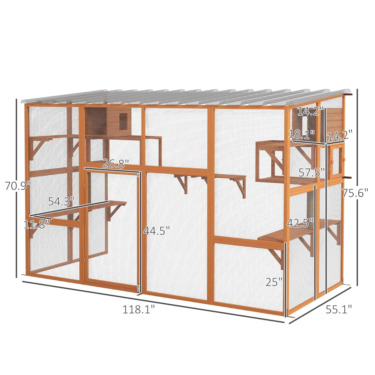 PawHut Catio, Outdoor Cat Enclosure Window Box, Wooden Cat House Playground with Scratching Posts, Weather Protection Roof for 1-5 Kitties, Resting Boxes, 118" x 55" x 75.5", Orange