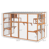 PawHut Catio, Outdoor Cat Enclosure Window Box, Wooden Cat House Playground with Scratching Posts, Weather Protection Roof for 1-5 Kitties, Resting Boxes, 118" x 55" x 75.5", Orange PawHut
