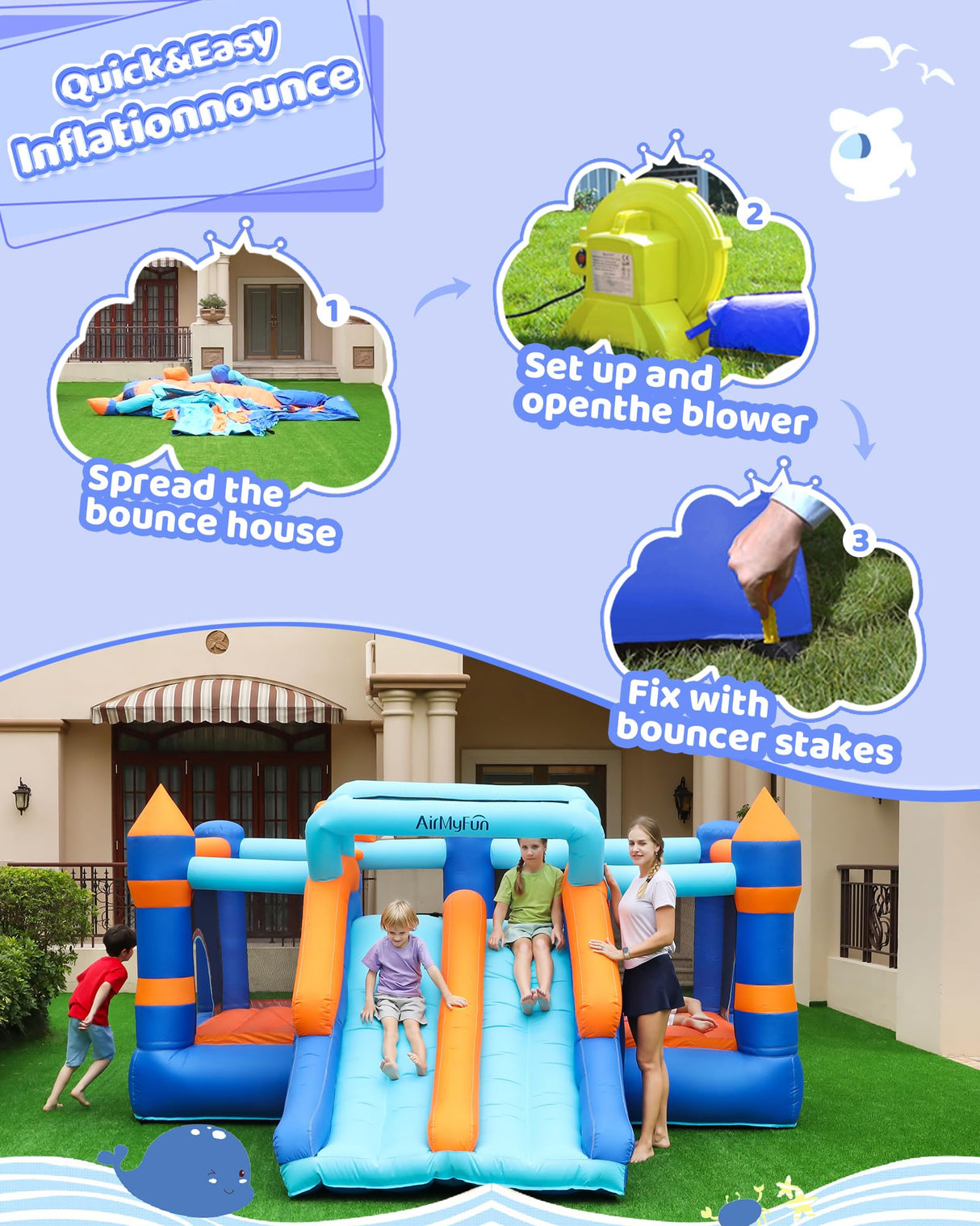 AirMyFun Inflatable Bounce House, Bouncy House with Double Slide,Jumping Bouncing House, Bounce Castle for Kids Indoor Outdoor, Playhouse with Basketball Rim, Pitching Game AirMyFun