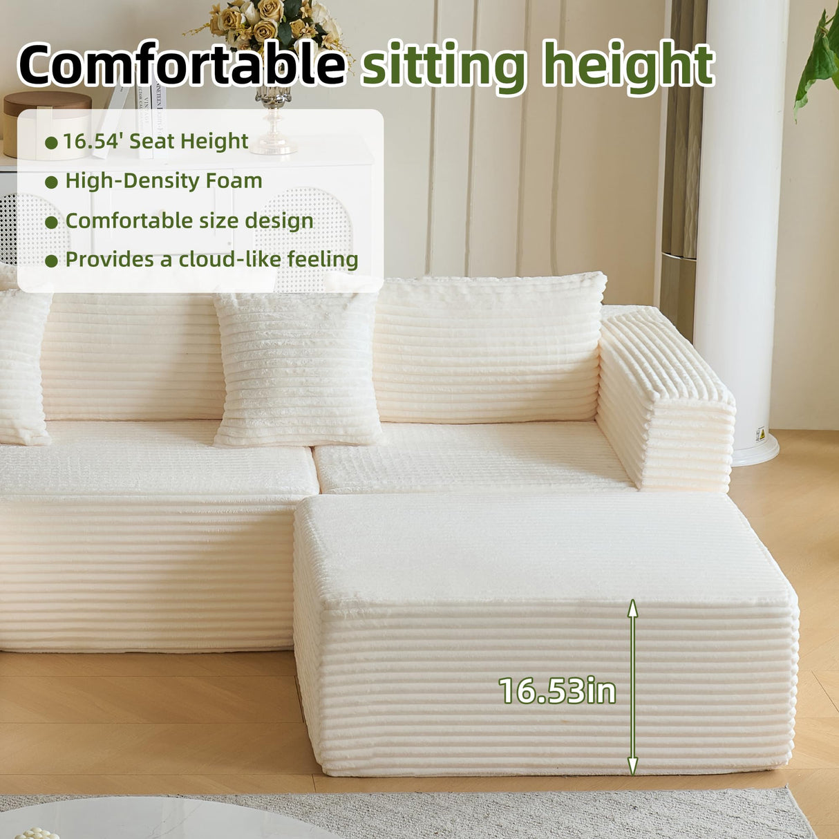 110" Modular Sectional Couch with 2 Movable Ottoman, Cloud Sofa Couches for Living Room, U Shaped Deep Seat Boneless Sofa,Luxury Corduroy Fabric, No Assembly Required White Veloflow