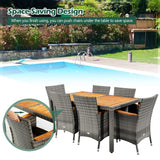 Tangkula 7 Pieces Outdoor Dining Furniture Set, Patio Rattan Conversation Set with Spacious Acacia Wood Table, 6 Chairs with Widened Armrests, Non-slip Foot Pads, Suitable for Backyard Poolside (Grey) Tangkula
