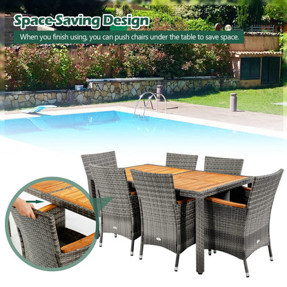 COSTWAY 7PCS Patio Rattan Dining Set Acacia Wood Table Cushioned Chair Mix Gray