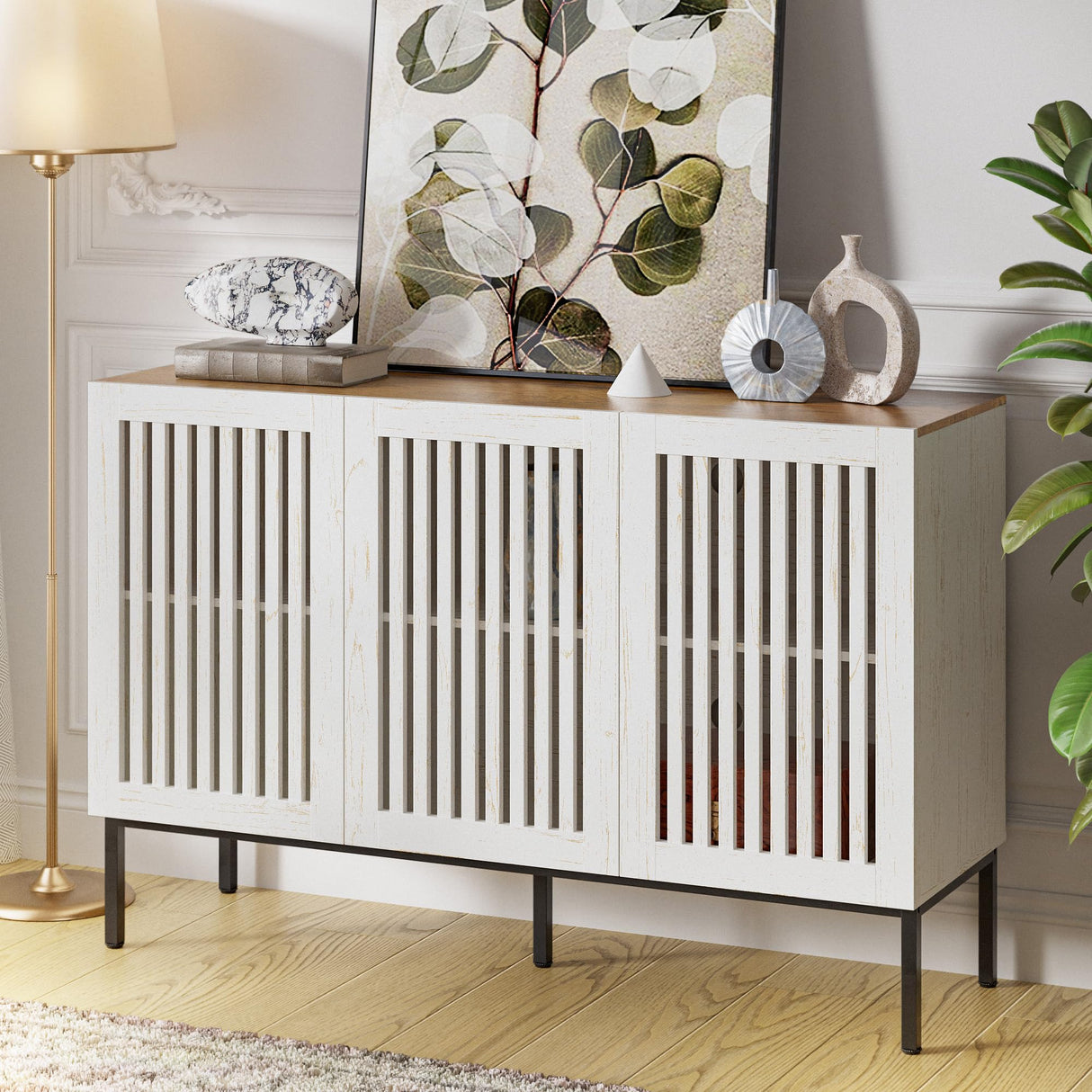 BVIUNTWO 47" Farmhouse Buffet Cabinet with Metal Base, Adjustable Shelves & 3 Doors, Antique White Storage Sideboard for Kitchen, Dining & Living Room BVIUNTWO