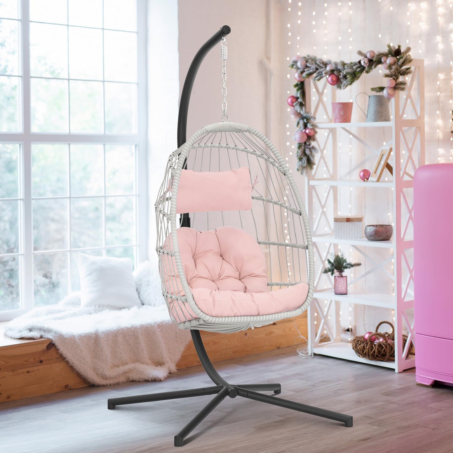 Brafab Pink Egg Chair with Stand Indoor Outdoor Swing Egg Chair, Patio Wicker Hanging Chair with Stand Hammock Egg Chairs with UV Resistant Cushion and Aluminum Steel Frame for Bedroom Balcony Garden