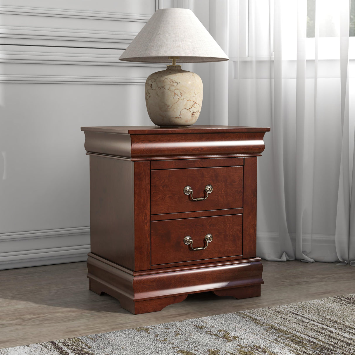 Furniture of America Arabella Traditional Solid Wood Nightstand with Drawers and Antique Nickle Handles, Small Bedside Table, No Assembly Wooden Night Stand for Bedroom, Guest Room, Dorm, Cherry Furniture of America