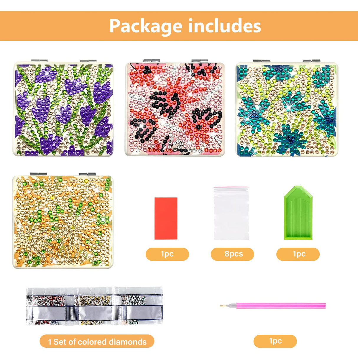 FILASLFT Diamond Art Mirror, 4 Pcs Diamond Painting Mirror, Flower Diamond Painting Compact Mirror, Portable Magnifying Folding Purse Mirror FILASLFT