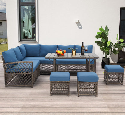 AECOJOY Patio Furniture Set, Outdoor Patio Furniture with Dining Table&Chair, 7 Pieces All Weather Wicker Conversation Set with Ottoman,Navy - WoodArtSupply