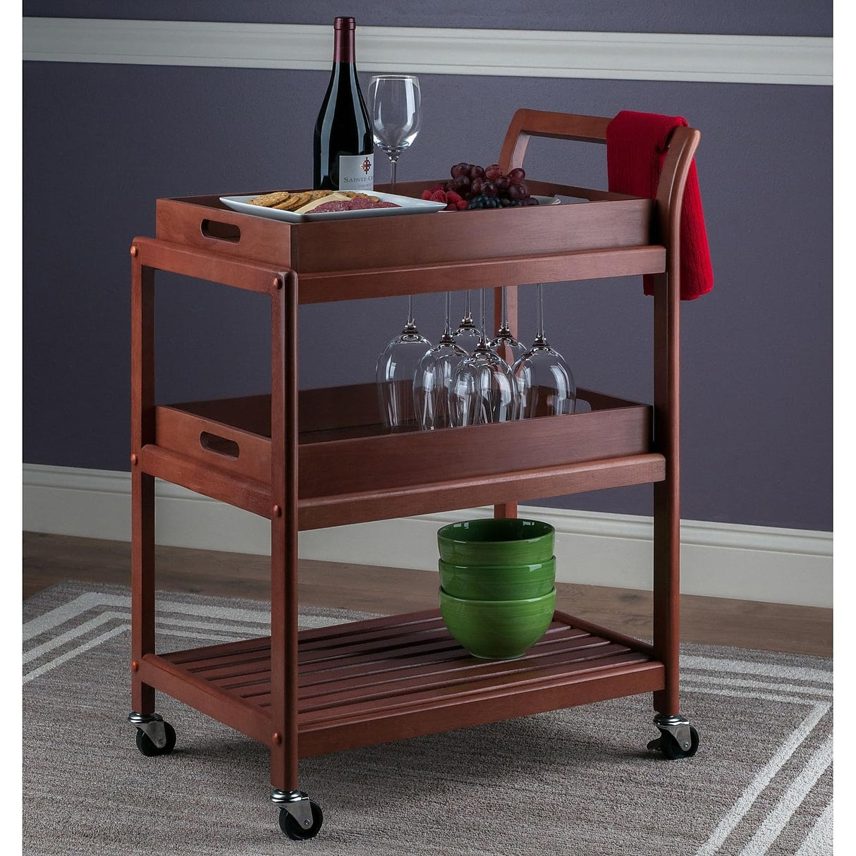 Winsome 3-Shelf Wood Mobile Serving Cart with Lockable Wheels, Walnut (94138) Winsome