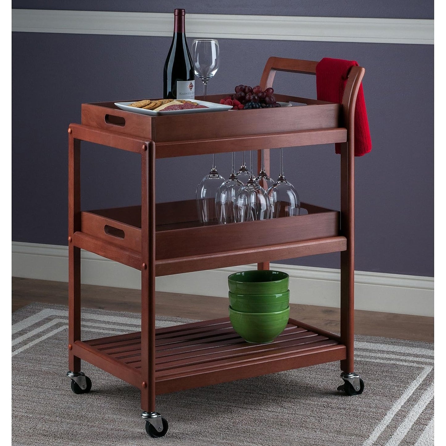 Winsome 3-Shelf Wood Mobile Serving Cart with Lockable Wheels, Walnut (94138)