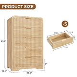 Jocoevol Fluted 5 Drawer Dresser, 43" Tall Dressers & Chests of Drawers Curved Profile Design, Wood Mid Century Vertical Dresser Natural Texture for Bedroom, Natural Oak Dresser Jocoevol