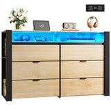 WLIVE 6 Drawer Dresser with Led Light, 50.79'' Wood Dresser for Bedroom with Power Outlets for 55'' TV, Modern Chest of Drawers for Closet, Hanging Rack, Double Wide Drawer for Living Room, Light Oak WLIVE