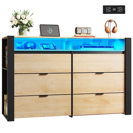 WLIVE 6 Drawer Dresser with Led Light, 50.79'' Wood Dresser for Bedroom with Power Outlets for 55'' TV, Modern Chest of Drawers for Closet, Hanging Rack, Double Wide Drawer for Living Room, Light Oak WLIVE