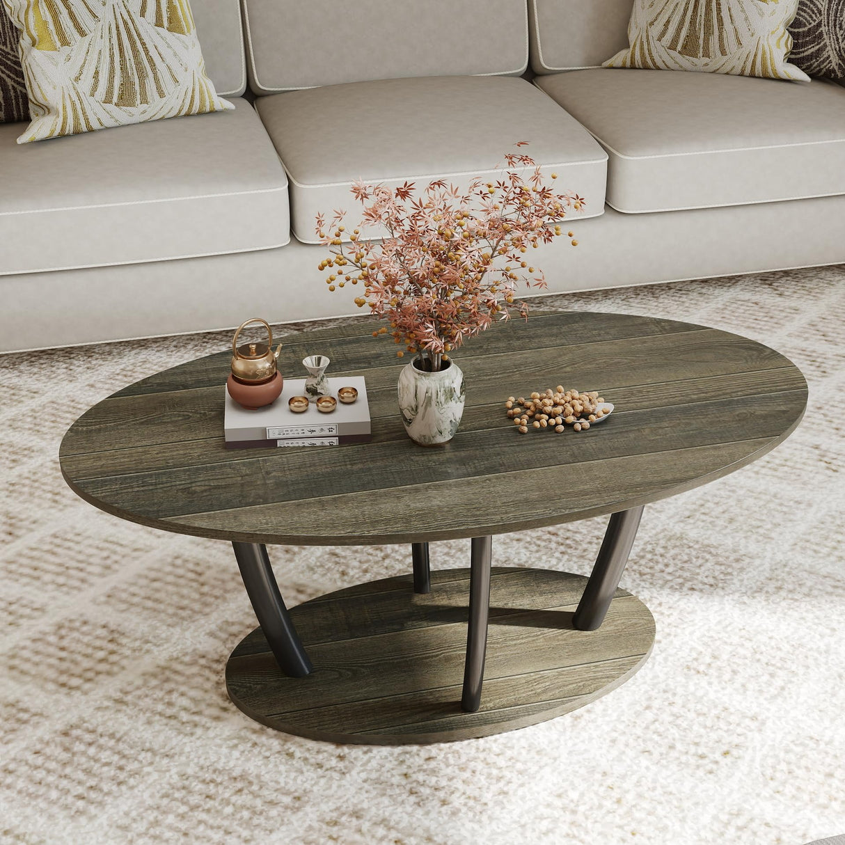 Manora Rustic Small Oval Coffee Table for Living Room, Narrow Wood Center Table with Shelf, Retro Style Coffee Table with Curved Metal Legs, Stable and Easy Assembly, Gray Manora