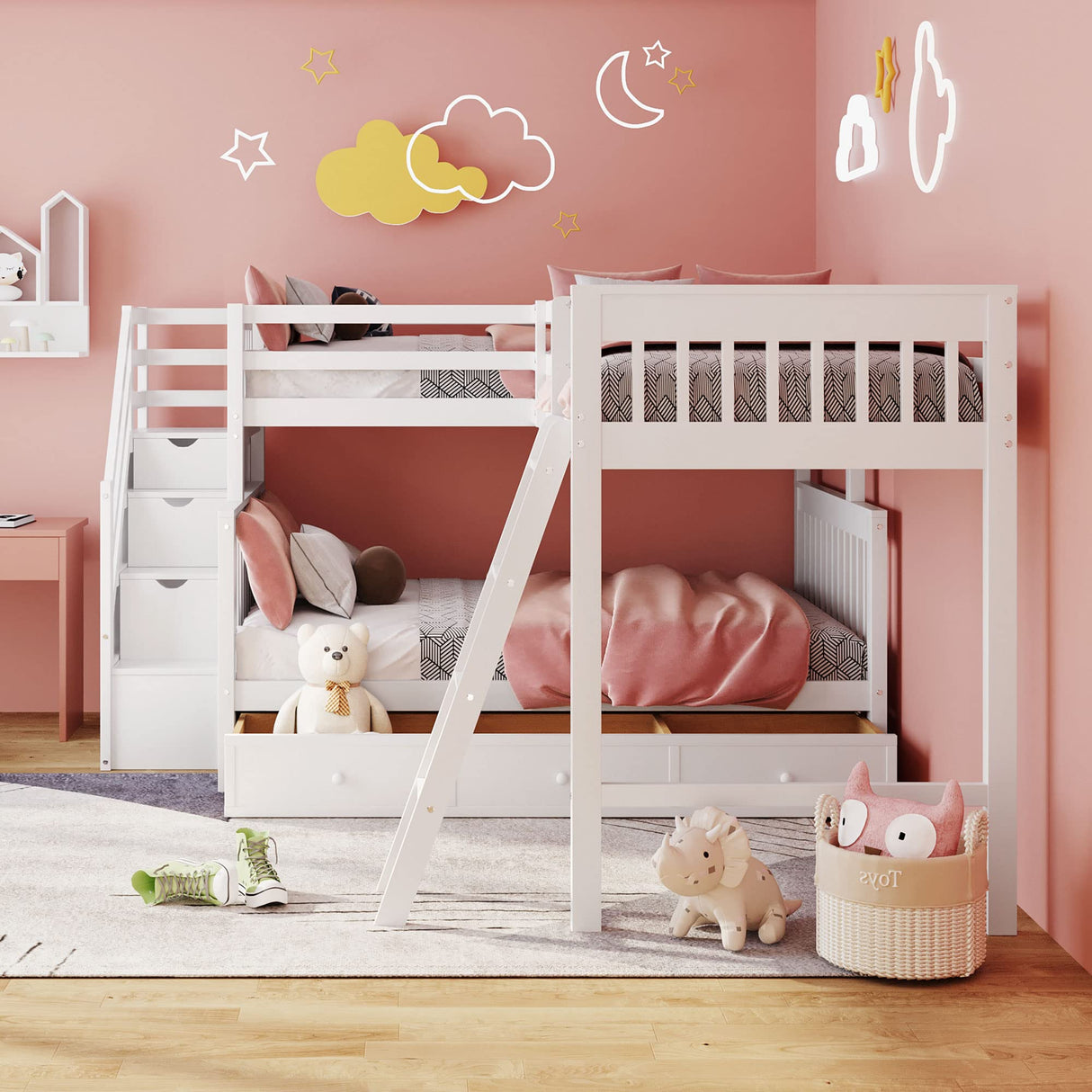 HRJHLucky Twin Over Full L-Shaped Bunk Bed with 3 Drawers,Triple Bunk Bed with 3 Drawers and Storage Stairs,Wood Corner Beds for Kids, Teens, Adults (White) HRJHLucky