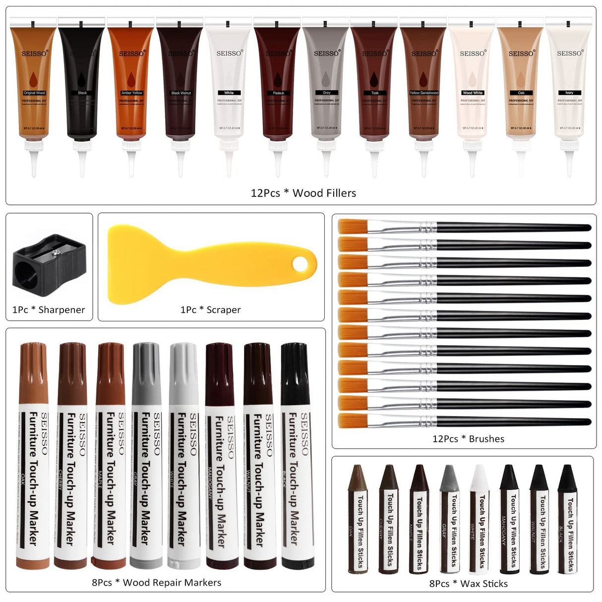 DEWEL Wood Furniture Repair Kit, Upgrade Wood Filler, Furniture Touch Up Markers with Wax Sticks, 42 Pcs Floor Touch Up kit for Scratches, Cracks, DEWEL