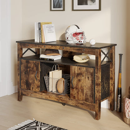 Bestier Wine Bar Cabinet with Wine Rack, Farmhouse Coffee Bar Sideboard with LED Lights, Industrial Sideboard Buffet Cabinet with Storage, Rustic Brown