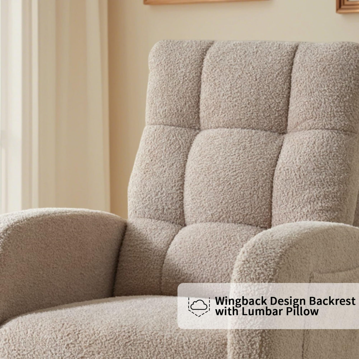 Hevaotry Nursery Rocking Chair with Adjustable Footrest for Living Room,Teddy Fabric Rocking Chair with Solid Wooden Legs，Comfortable Lounge Armchair with Side Pockets and High Backrest(Light Coffee) Hevaotry