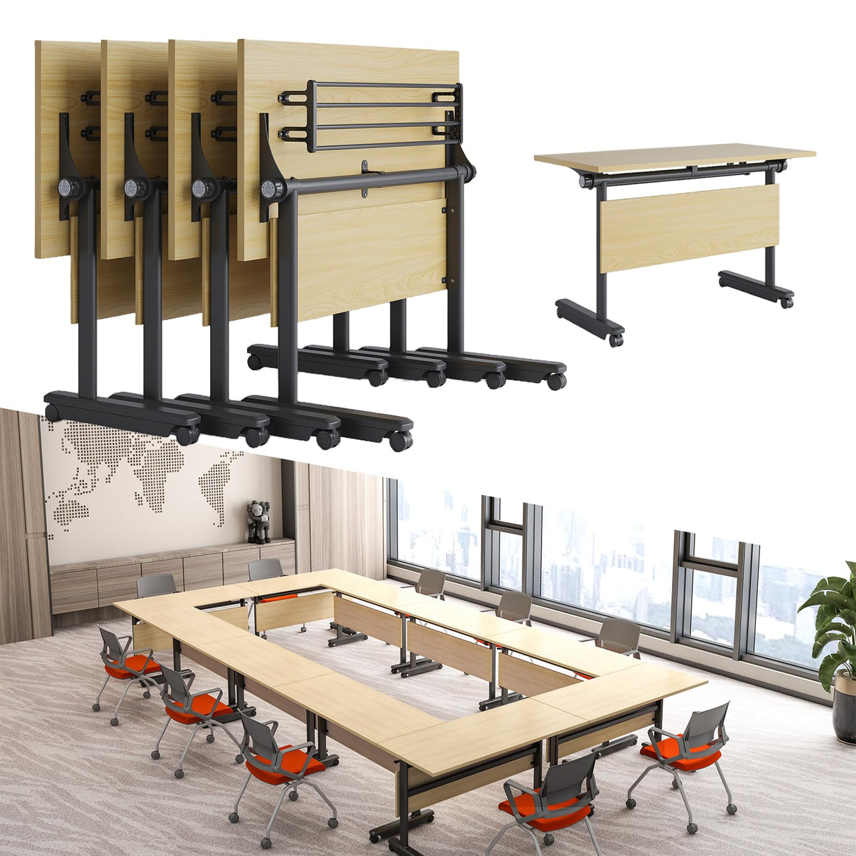 Ptosziav 4PCS Conference Table Foldable Meeting Tables, Flip Top Wood Seminar Table for Office Training Classroom,Folding Conference Table on Wheels Ptosziav