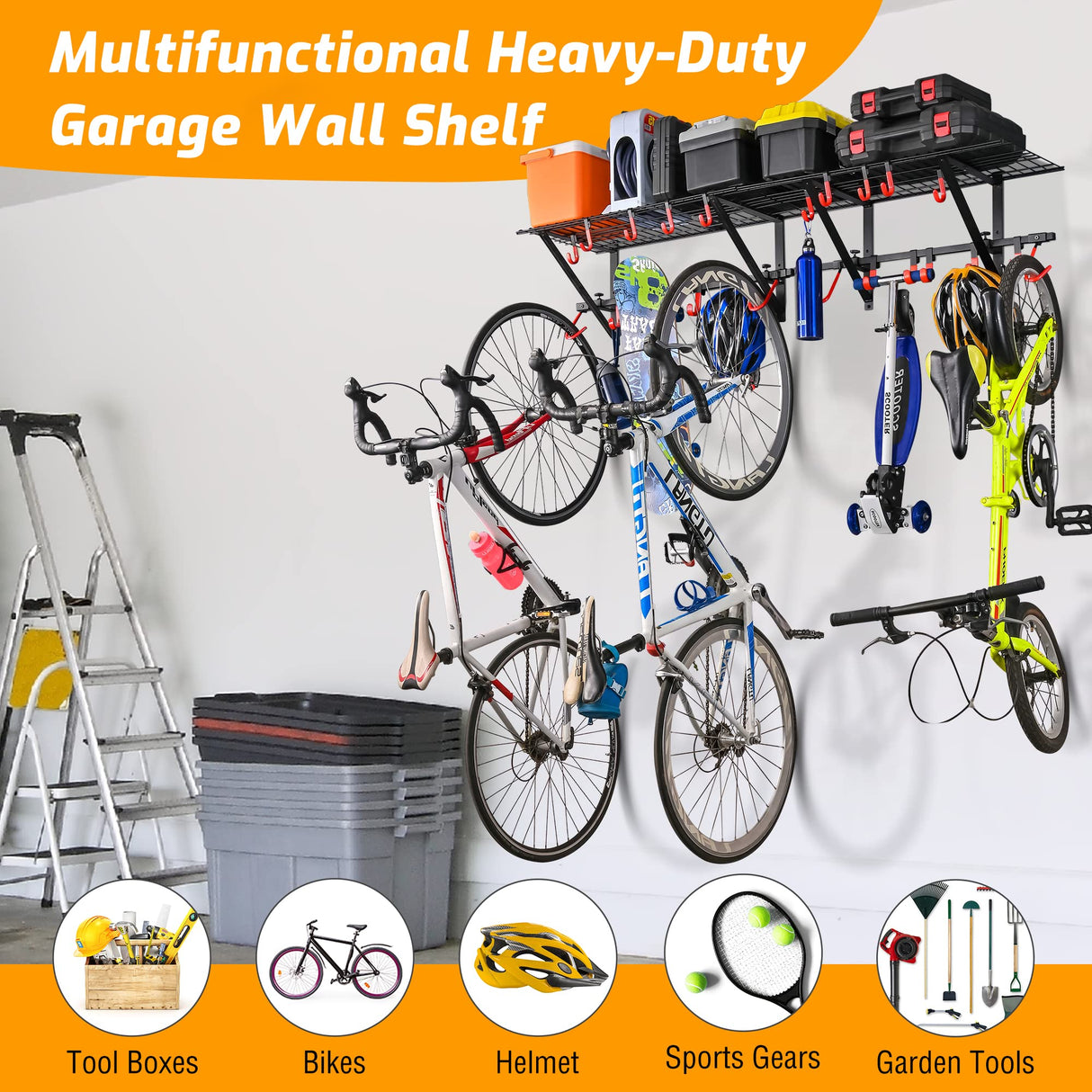 PLKOW Garage Wall Shelving Includes Bike Hooks, Sturdy Adjustable Garage Shelving Wall Mount Garage/Organizer (Black, 2-Pack) PLKOW