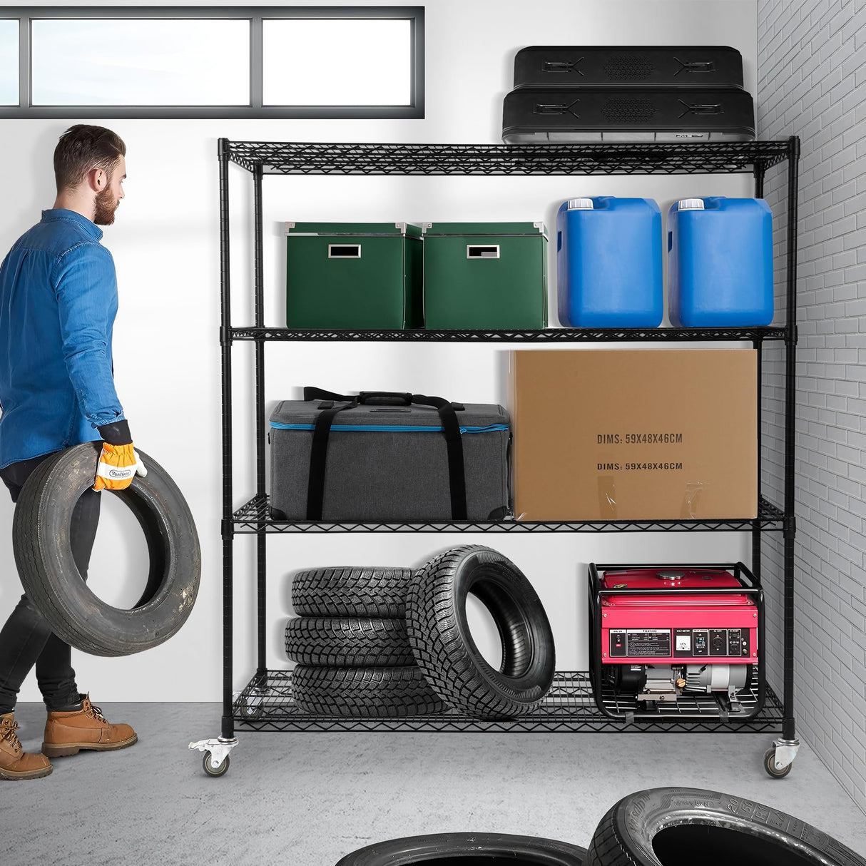 Rengue 4-Tier Wire Shelving with Wheels, 60"x 24"x72" Metal Storage Shelves, Heavy Duty Garage Storage Shelves, Chrome 2400LBS Capacity Wire Shelf Rack for Restaurant, Garage, Pantry, Black Rengue