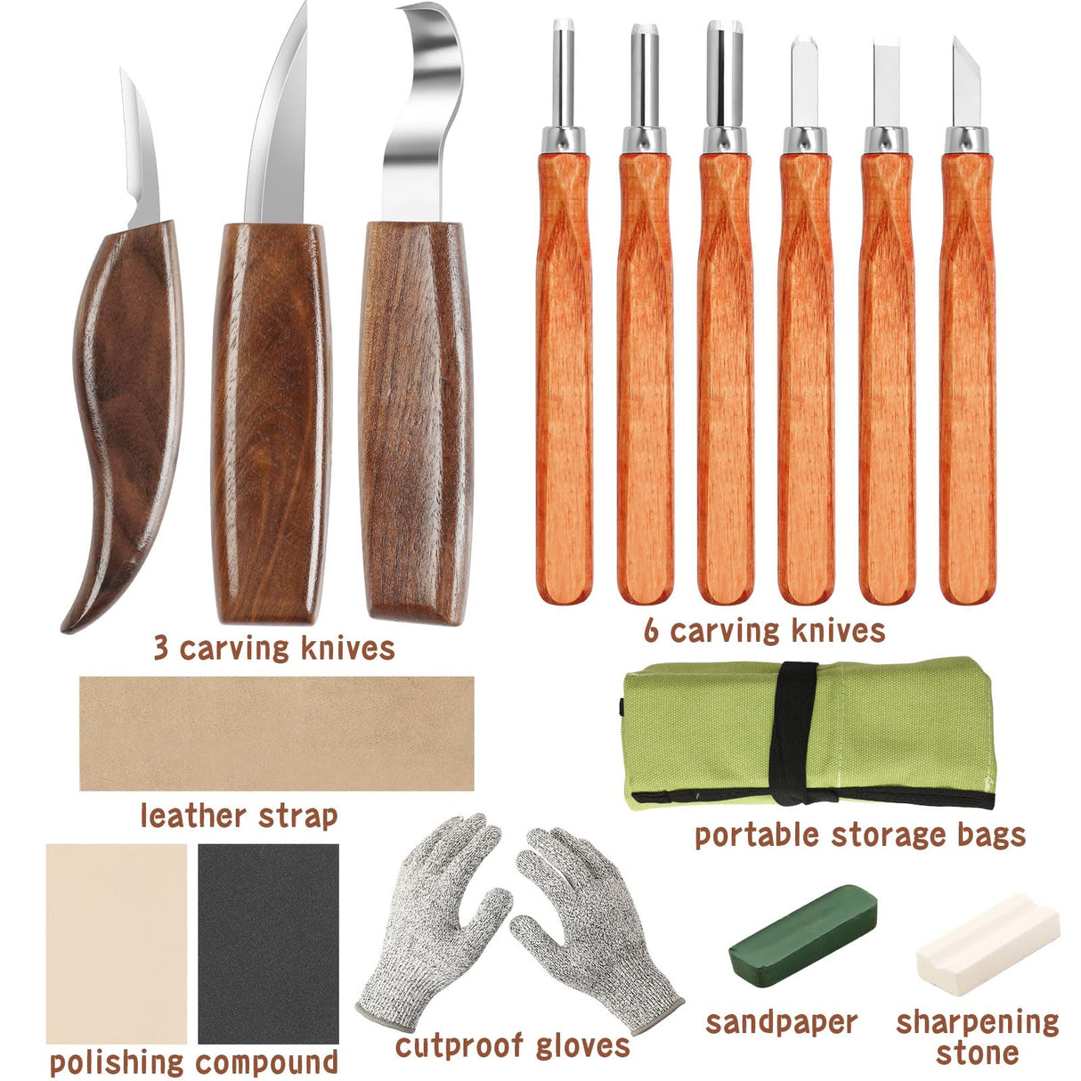 AUGSUN Wood Carving Kit, 17 Pack Wood Whittling Kit Hand Carving Knife Tools Set for DIY Sculpture Carpenter Experts & Beginners AUGSUN