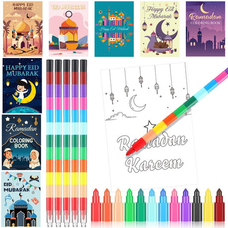 Zhanmai 48 Pcs Ramadan Coloring Book Bulk with Stacking Crayons Ramadan Moon Star Holiday Activity Book Eid Mubarak Coloring Book for Activities Party Favors Supplies Gifts (Moon) Zhanmai