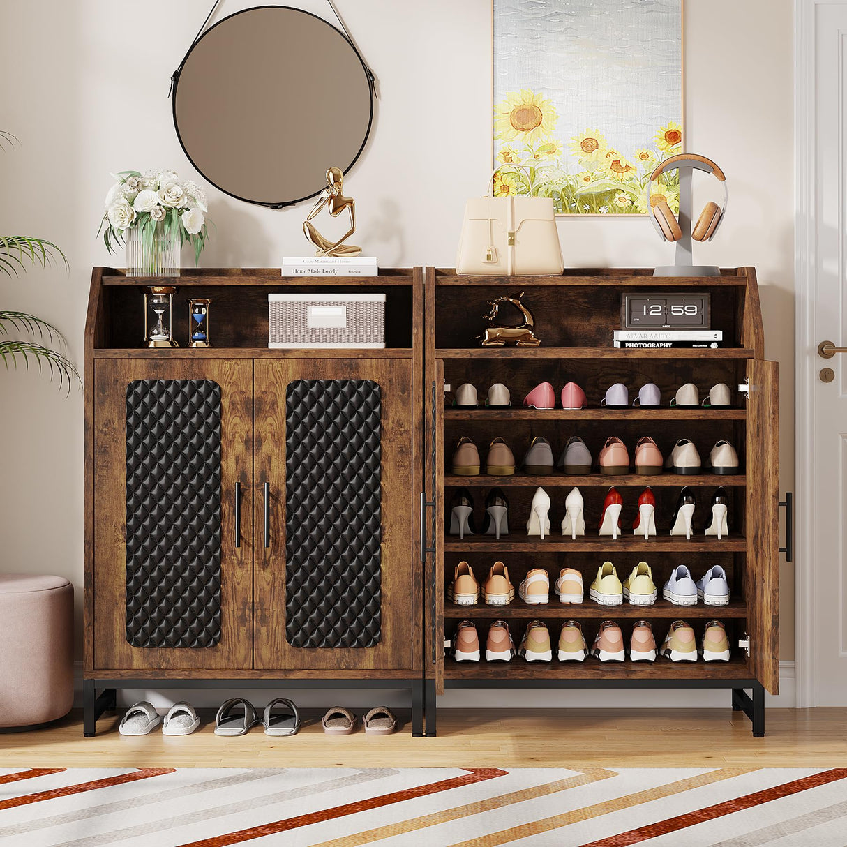 Tribesigns Shoe Cabinet with Doors, 20 Pairs Entryway Shoe Storage Cabinet with Removable Shelves & Open Top Shelf, 7 Tier Wooden Shoe Rack Organizer for Hallway, Brown & Black Tribesigns