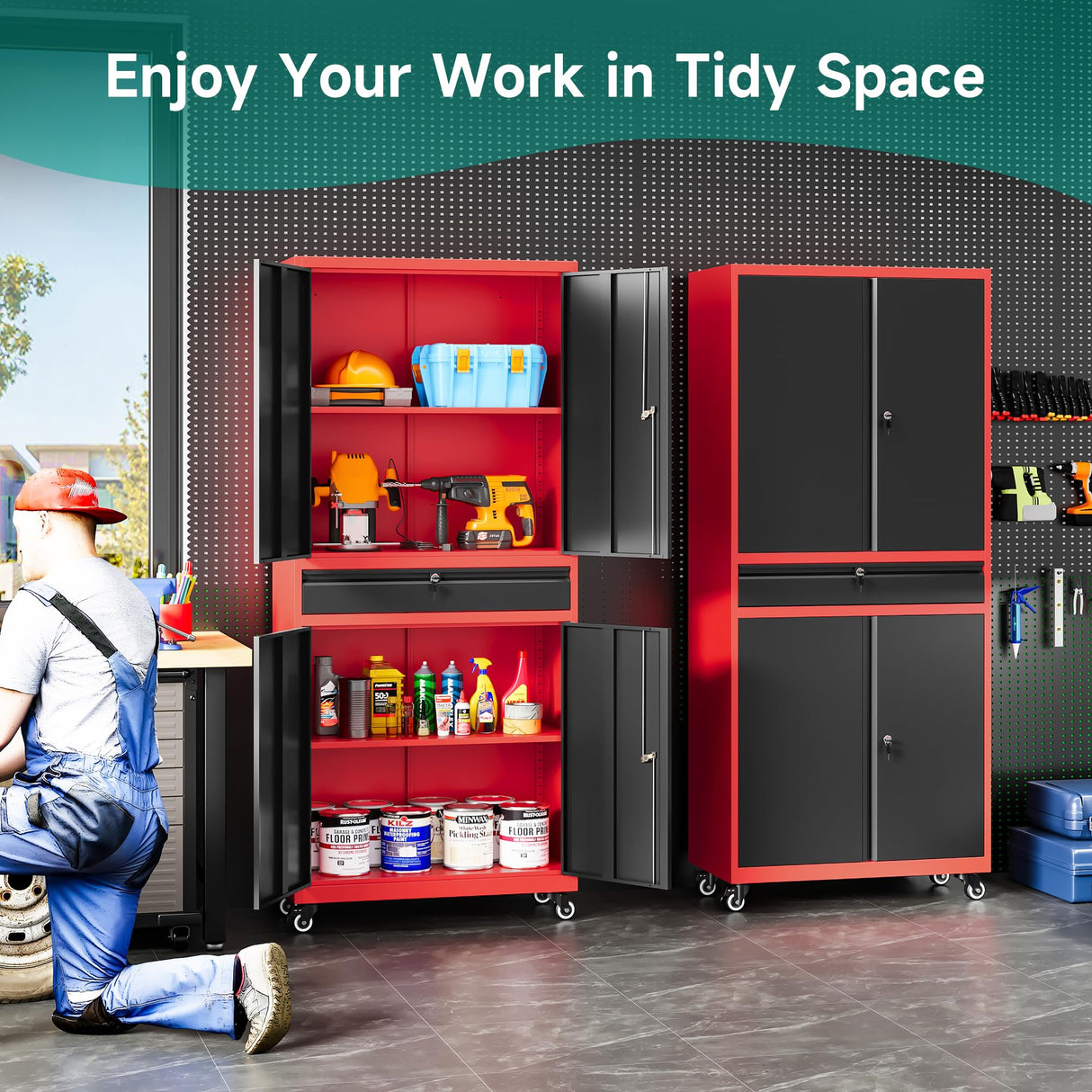 Metal Storage Cabinet with Wheels and Drawer,Rolling Garage Storage Cabinet with Lock,Black Red Metal Cabinet with Wheels,73" Mobile Tall Large Storage Cabinet on Wheels for Home,Office,Garage,Shop SISESOL