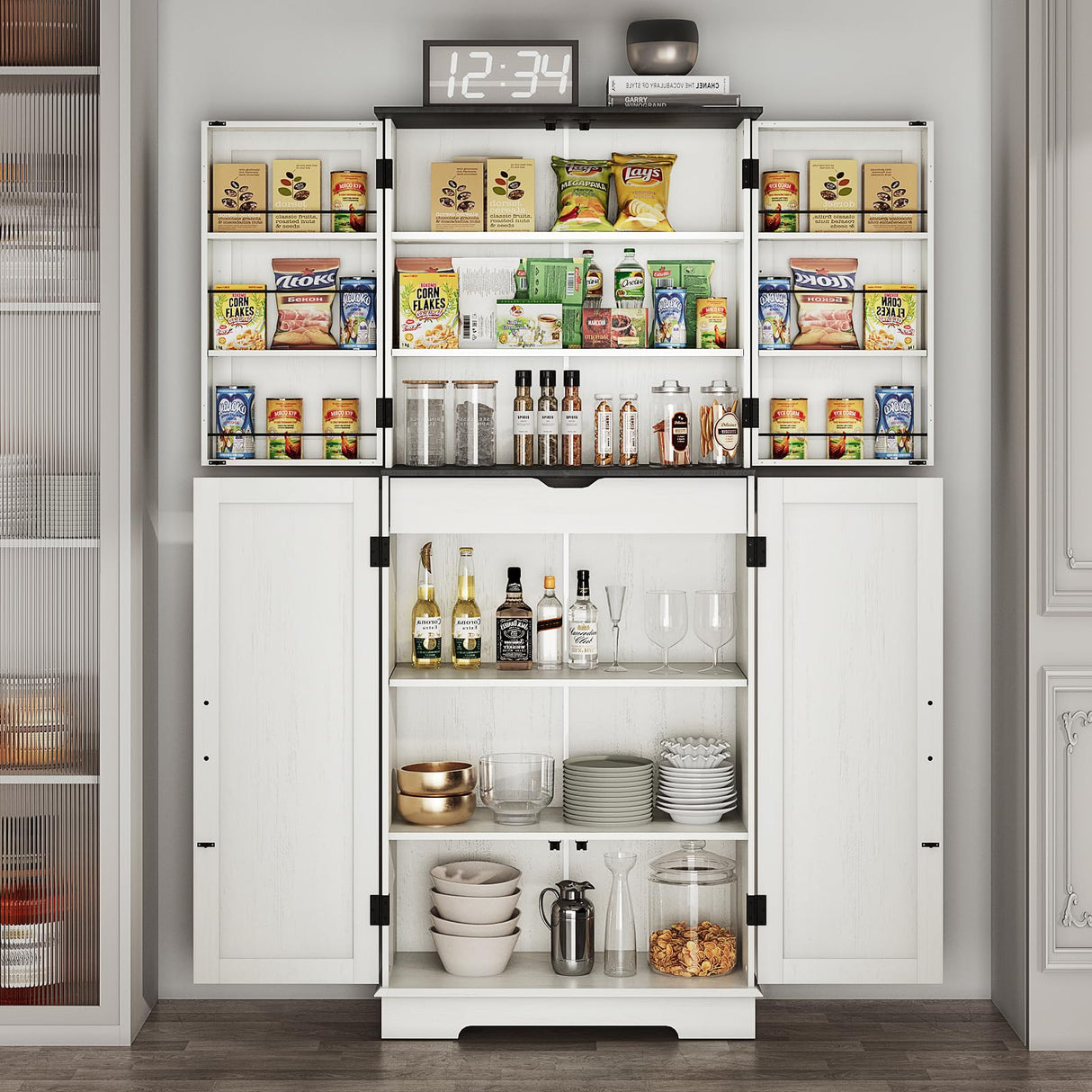 Kitchen Pantry Storage Cabinet,72" Freestanding Cupboard with 4 Barn Doors,Drawer and Adjustable Shelves,Wood Food Pantry for Kitchen, Dining Room, Bathroom,White Vipbear