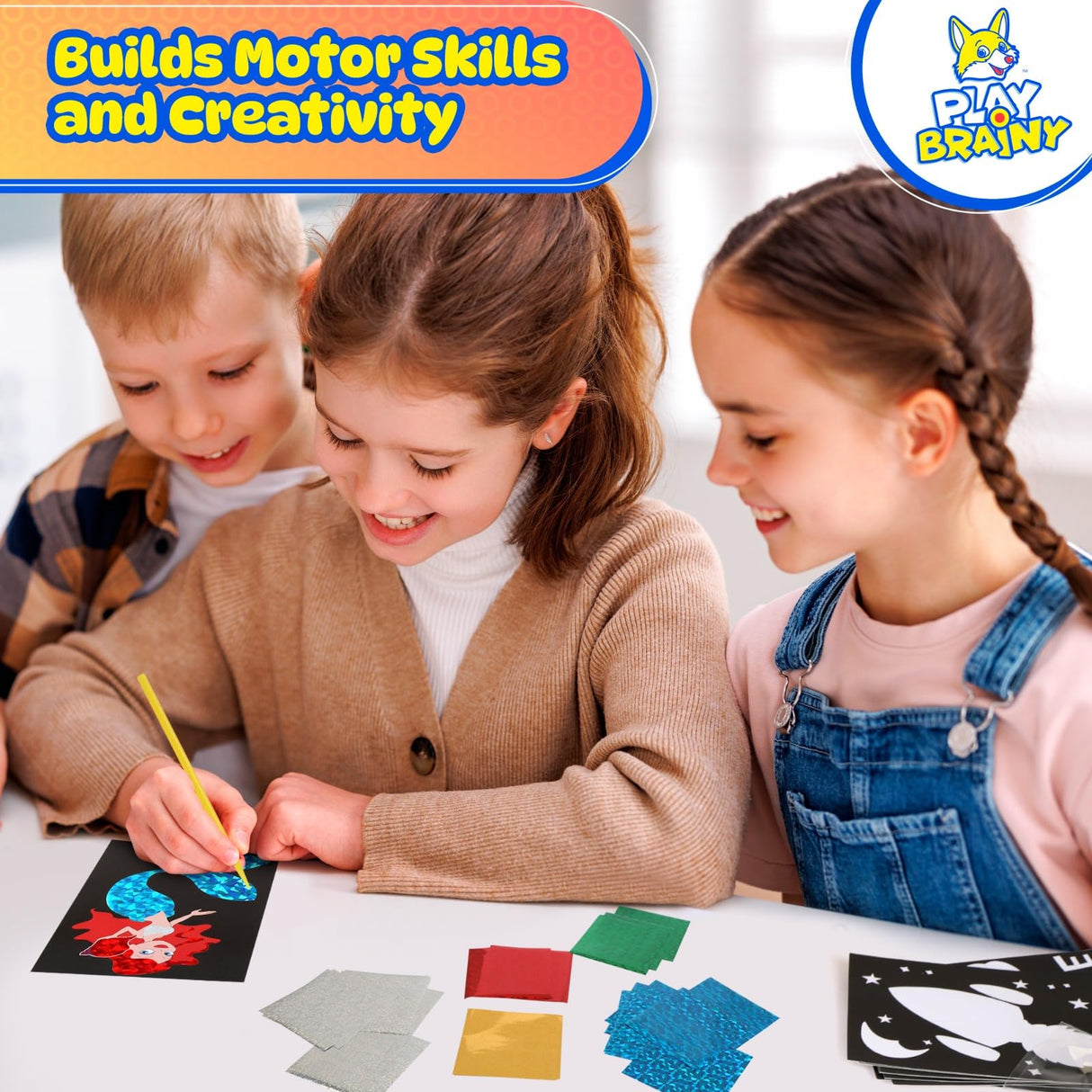 Play Brainy 10-in-1 Foil Art Kit - Kids Arts and Crafts Kit for Ages 5+, Mess-Free Kids Craft Set with 10 Printed Cardboard Sheets, 38 Foil Papers & Scratch Pen, DIY Activity & Birthday Christmas Gift Play Brainy