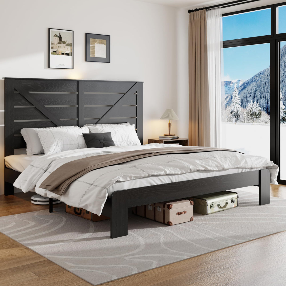 PAUKIN King Size Wooden Bed Frame with Headboard, Rustic Farmhouse Platform Bedframe with Metal Slat Support, Under Bed Storage Space, Easy Assembly, Noisy Free (Black, King) PAUKIN