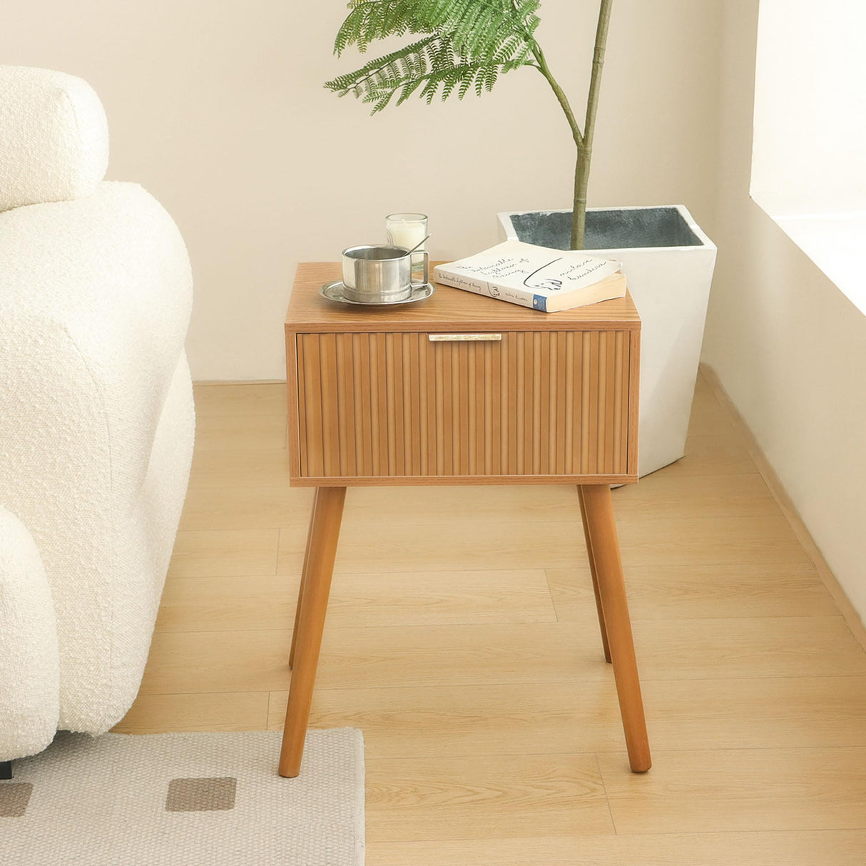 Fluted Nightstand, Small Bedside Table with Storage Drawer, Accent End Table Living Room for Bedroom and Small Space, Brown AWASEN