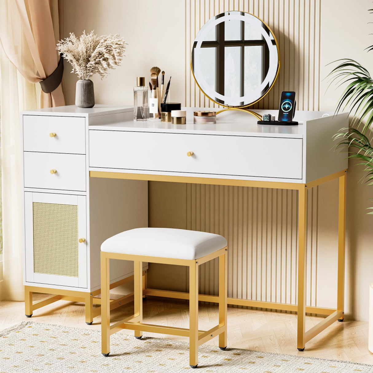 AWQM White Makeup Vanity Desk with Stools,Rattan Vanity Table Set with Power Outlet,Makeup Table Dressing Table with Drawers & Cabinet, Small Vanity Table for Bedroom with Storage,Without Mirror AWQM