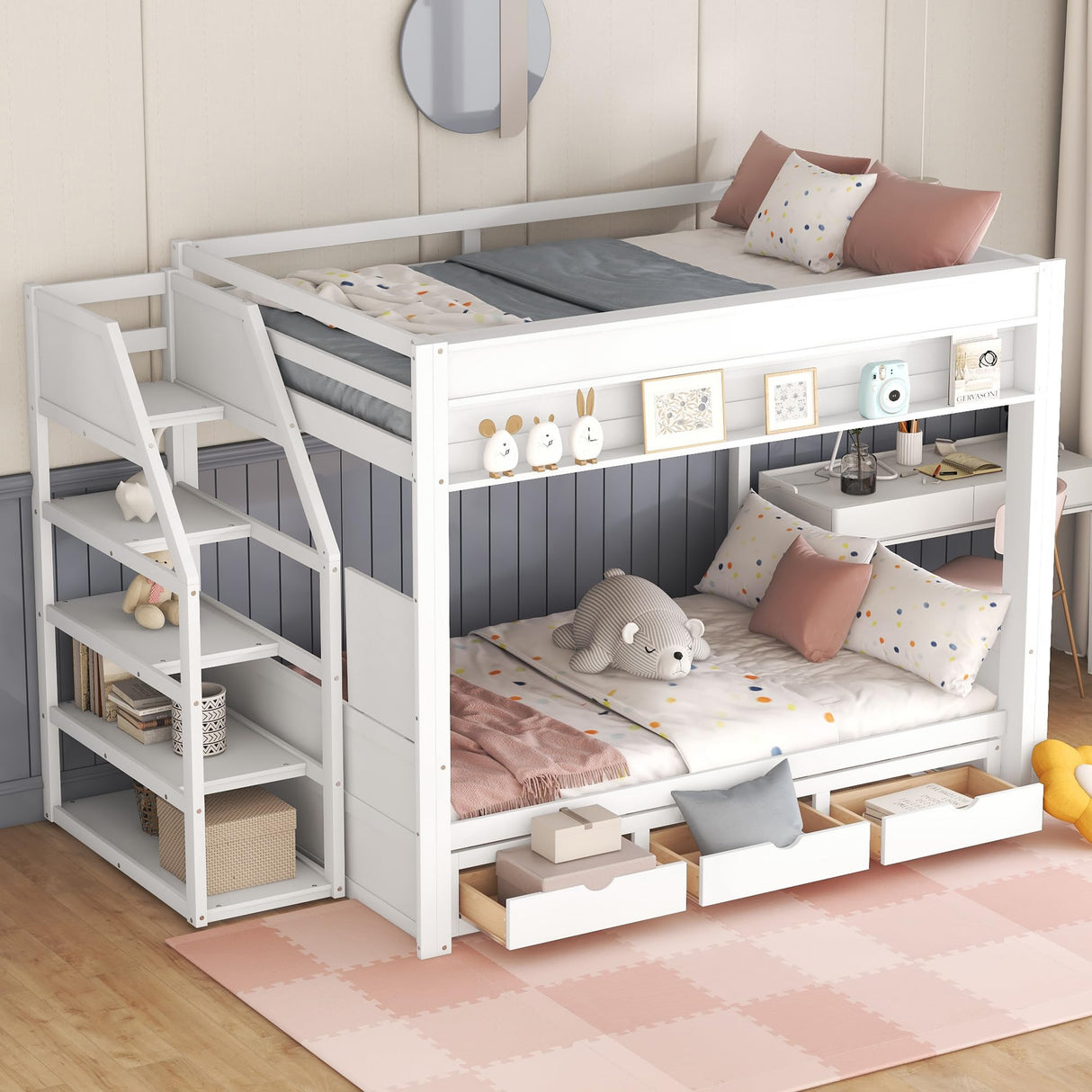 Harper & Bright Designs Wooden Bunk Bed,Full Over Full Bed with Drawers and Staircase for Storage, Multi-Functional Convertible Full Size Daybeds Futon Bed, No Box Spring Needed,White Harper & Bright Designs