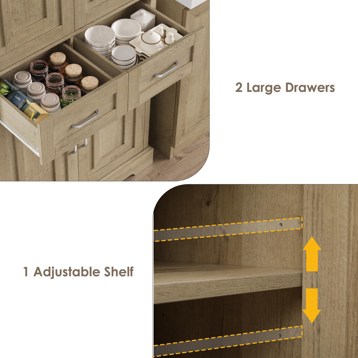 FACBOTALL Kitchen Pantry Storage Cabinet, 71" Tall Storage Cabinet with 4 Doors and 2 Drawers, Utility Kitchen Pantry with Adjustable Shelves for Dining Room Living Room,Light Oak FACBOTALL