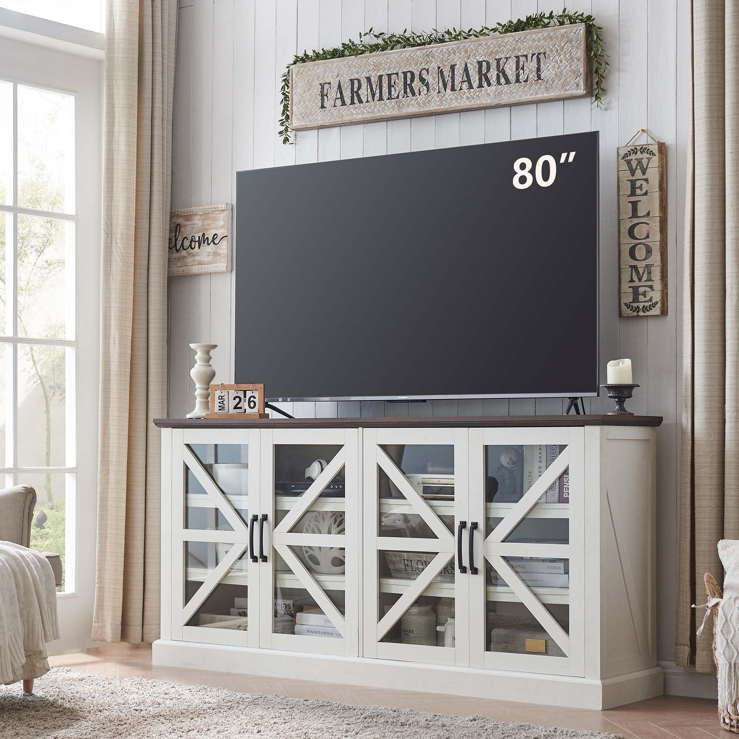 IFGET Modern Farmhouse TV Stand for 80 Inch TVs, 34" Tall Entertainment Center w/4 Glass Barn Door, Large Wood Storage Cabinet w/Shelves & Cable Management for Living Room, 70inch, White - WoodArtSupply