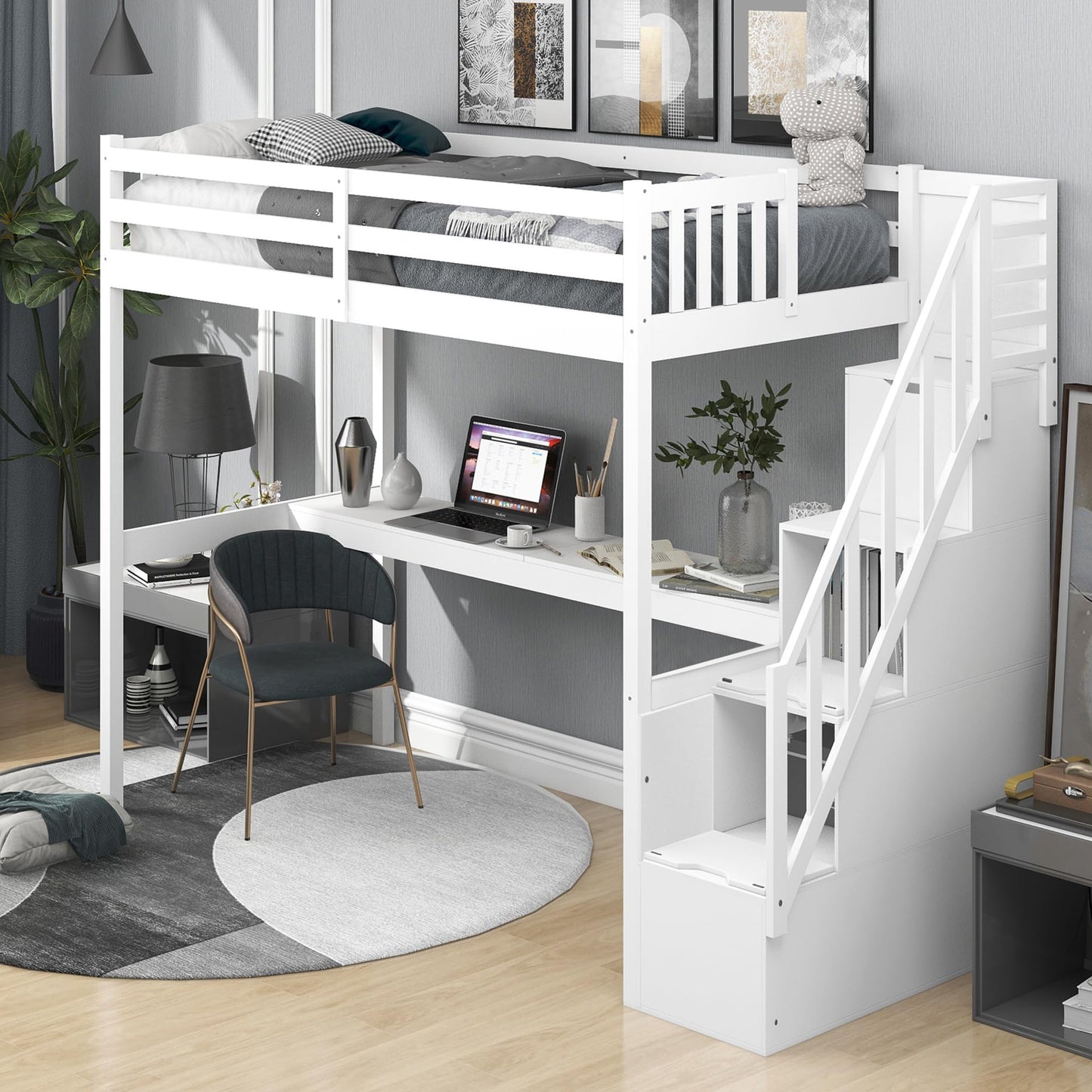 SOFTSEA Twin Loft Bed with Integrated Desk and Storage Stairs in White