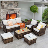 MEISSALIVVE 6 Pieces Outdoor Patio Furniture Set, Wicker Patio Conversation Set, Patio Sectional Furniture Set with 2 Swivel Rocker Patio Chair and Sofa, 2 Ottomans and Coffee Table (Brown) MEISSALIVVE