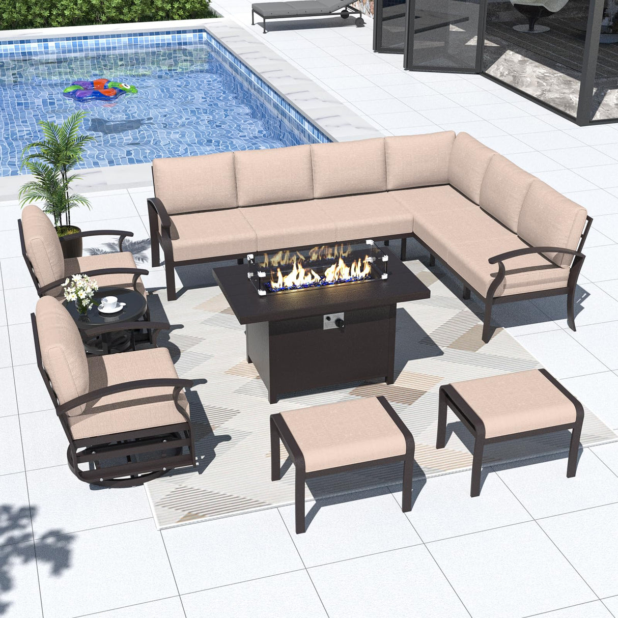 Kurapika Patio Furniture Set 10-Piece Aluminum Sectional Sofa with Armrest, Modern Outdoor Conversation Set w/55000 BTU Propane Fire Pit Table, Metal Corner Sofa with Ottoman, Sand Kurapika