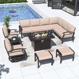 Kurapika Patio Furniture Set 10-Piece Aluminum Sectional Sofa with Armrest, Modern Outdoor Conversation Set w/55000 BTU Propane Fire Pit Table, Metal Corner Sofa with Ottoman, Sand Kurapika
