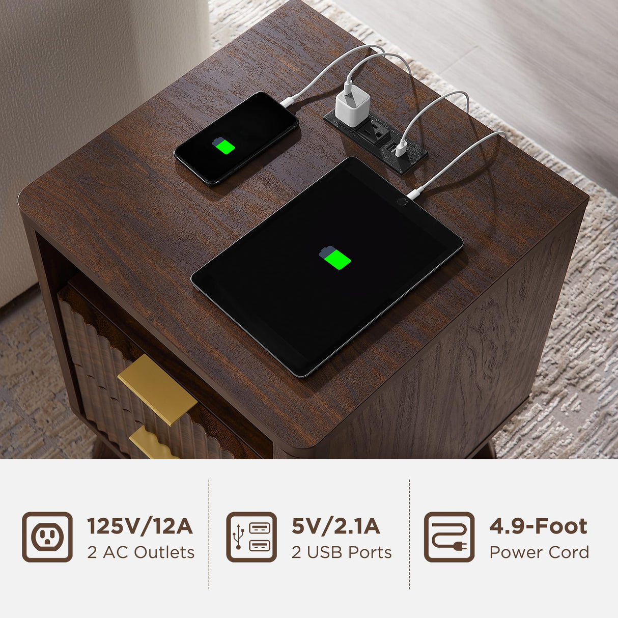 T4TREAM Fluted Nightstand with Charging Station, 18" Modern Side Table, 2 Drawers End Table with Storage, Bedside Table for Bedroom, Living Room, Curved Profile Design, Dark Walnut T4TREAM