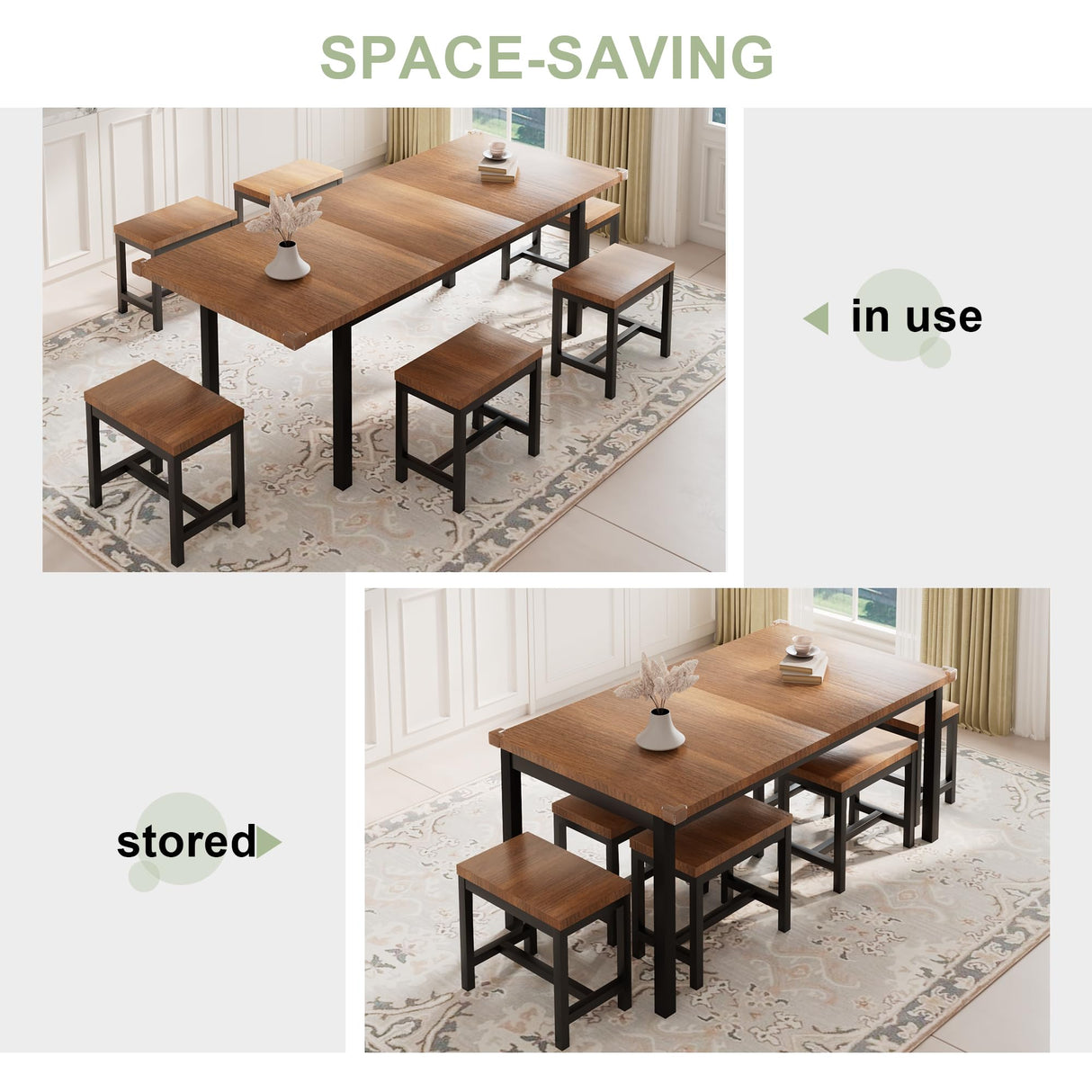 Feonase 7-Piece Dining Table Set with 6 Stools, 63" Large Extendable Kitchen Table Set for 4-8, Mid-Century Dining Room Table with Heavy-Duty Frame & MDF Board, Easy Assembly, Walnut Feonase