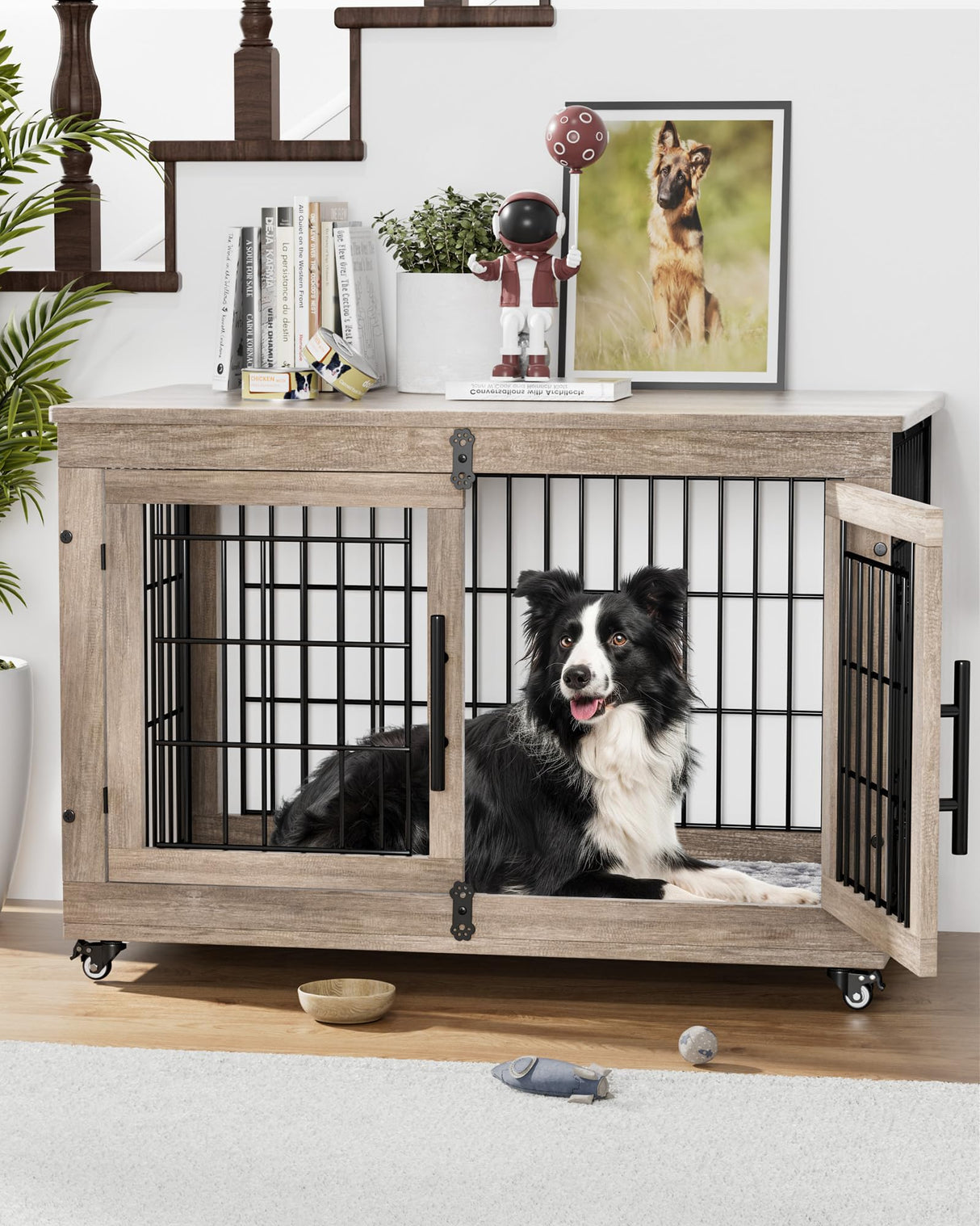 Dog Crate Furniture with Cushion, Large Wooden Dog Kennel Indoor with Double Doors, Dog Cage with Wheels, Dog House Side End Table for Large Medium Dogs up to 70 lb, 38.5” L, Grey YaFiti