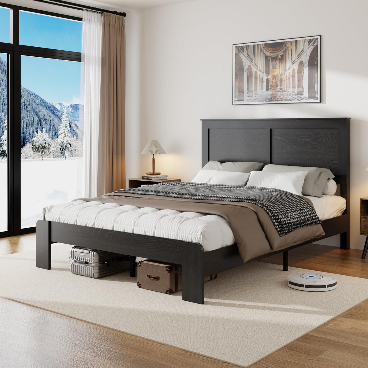 USHOW Wooden Bed Frame King Size with Headboard, Rustic Farmhouse Bedframe with Wood Slat Support, No Noise, No Box Spring Needed, Easy Assembly, Black USHOW