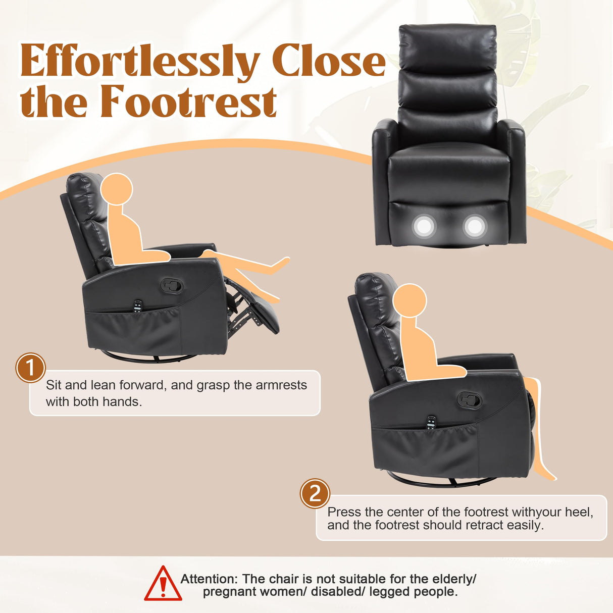 Manual Swivel Rocker Recliner Chair with Massage, Overstuffed Recliner Glider with Vibration Massage and Heat for Nursery, Living Room Reclining Sofa Chair, PU Leather Black Luxlen