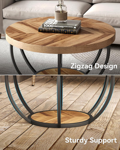 LITTLE TREE Round Coffee Table, 32" Circle Coffee Table for Living Room, 2-Tier Wood Accent Center Table with Open Storage Industrial Design Home Furniture (Wood Grain and Black) - WoodArtSupply