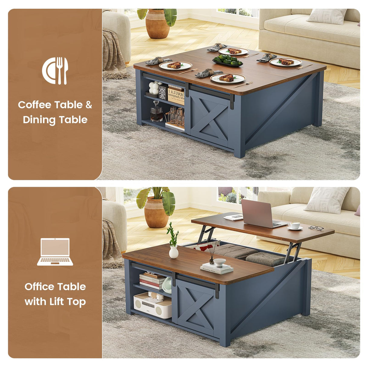 SEDETA 31.5" Lift Top Coffee Table with Storage, Square Coffee Tables for Living Room, Farmhouse Coffee Table with Large Hidden Storage Compartment and Adjustable Shelves, Blue SEDETA