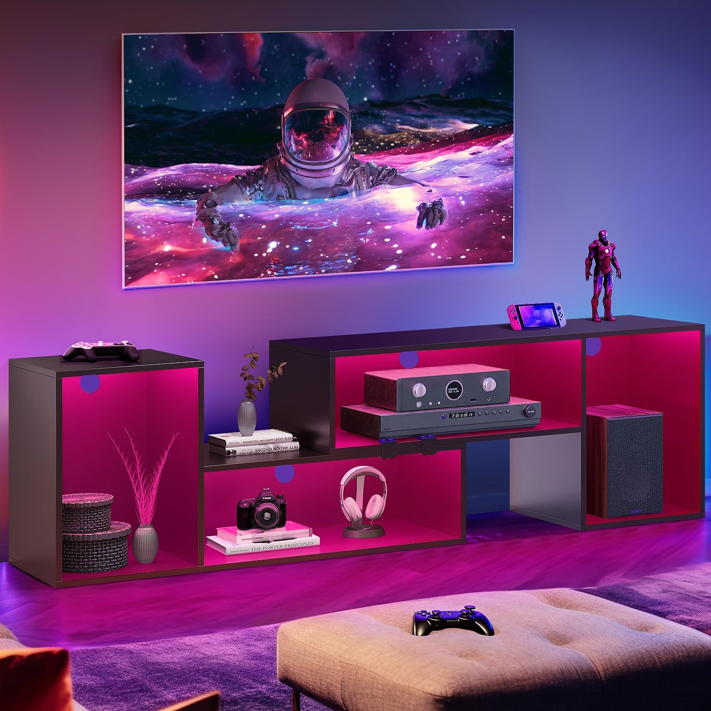 YITAHOME Modern Deformable TV Stand with RGB LED Lights for 45-75 Inch TVs, Versatile Entertainment Centre in Black - WoodArtSupply