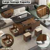 TRJQBCC 45" Lift Top Coffee Table, Modern Coffee Table with 2 Stools Set, Space Saving Center Table Folding Dining Table with 2 Drawers & Expandable Hidden Storage for Living Room, Office (Wood) TRJQBCC
