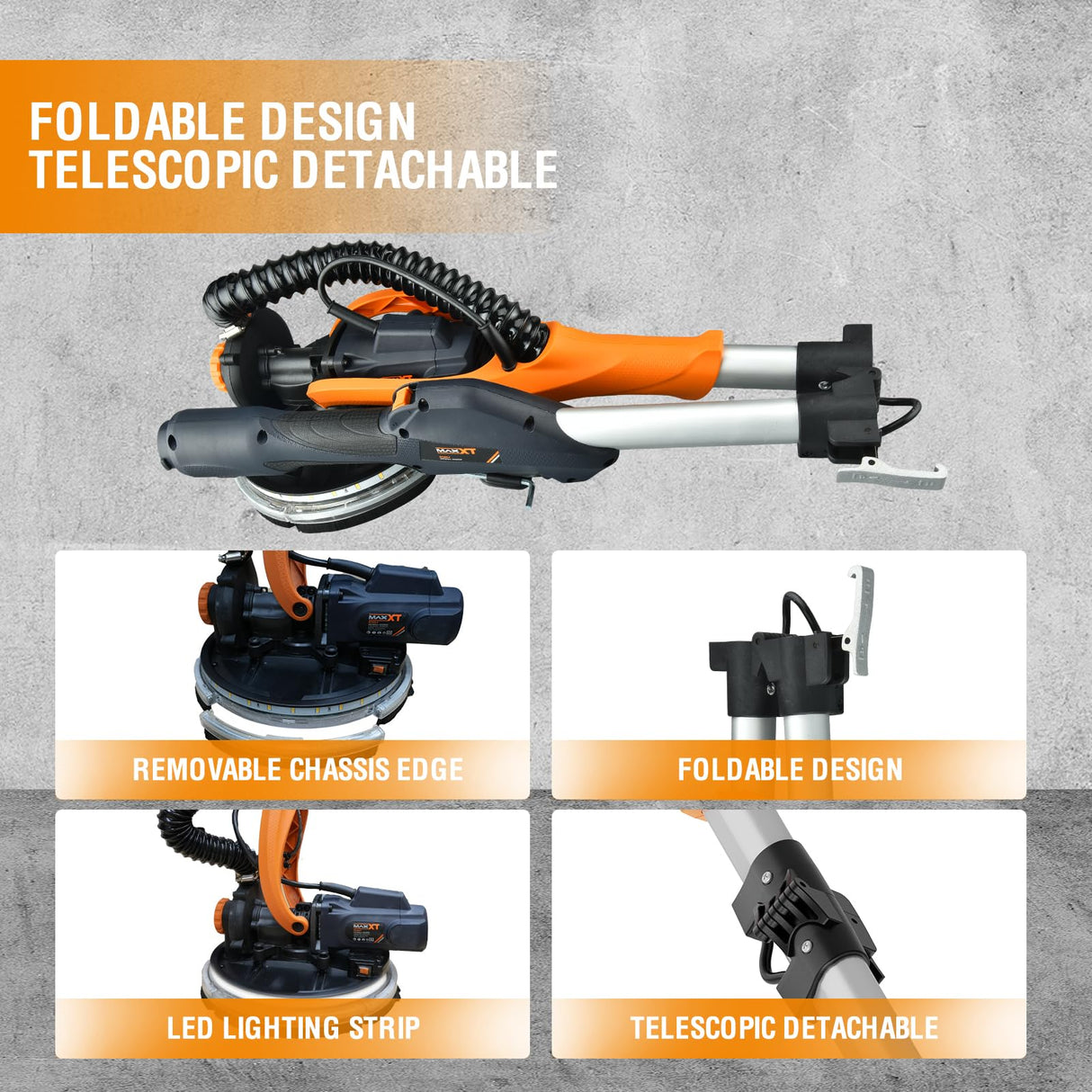 MAXXT Drywall Sander with Vacuum Dust Collection, Popcorn Ceiling Removal Tool, 6 Variable Speed Foldable Telescopic Electric Wall Sander, 600-1900RPM Power Sander Tool, LED Light, 18Pcs Sanding Discs MAXXT